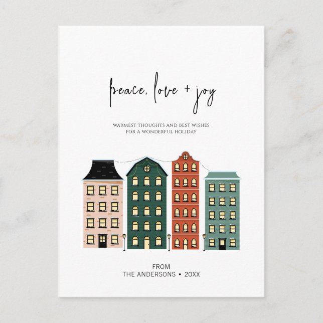 Modern Peace Kärlek & Joy Jul Town Helgdag Pos Vykort (Framsida)