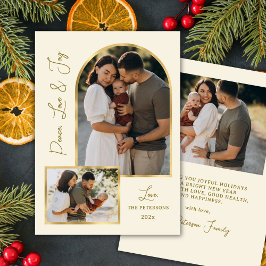 Modern Peace Love Joy Script Gold Arch 3 Photo  Julkort