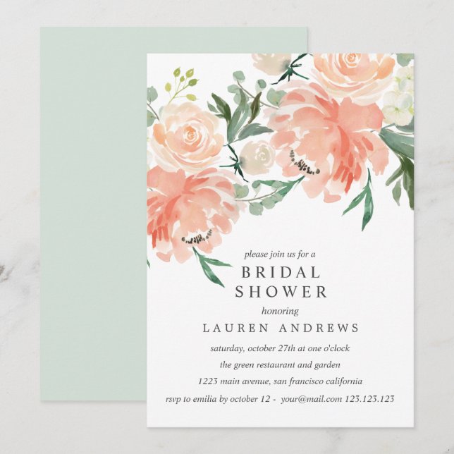 Modern Peach Coral Rosa Bouquet Möhippa Inv Inbjudningar (Fram/baksida)
