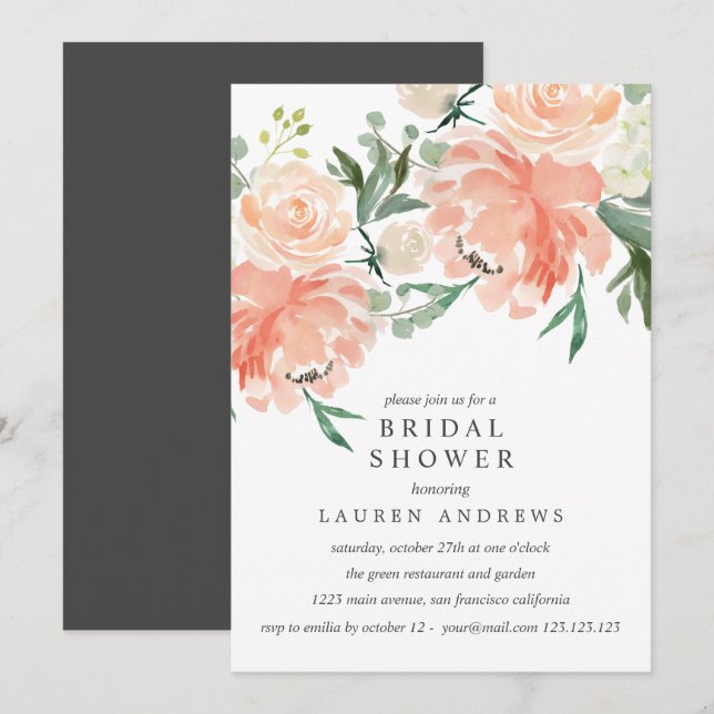Modern Peach Coral Rosa Bouquet Möhippa Inv Inbjudningar (Fram/baksida)
