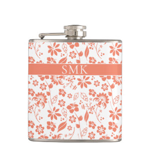 Modern Peach Coral Tropical Flowers Monogram Fickplunta