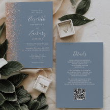 Modern Peach Glitter Damblå QR-kod Bröllop