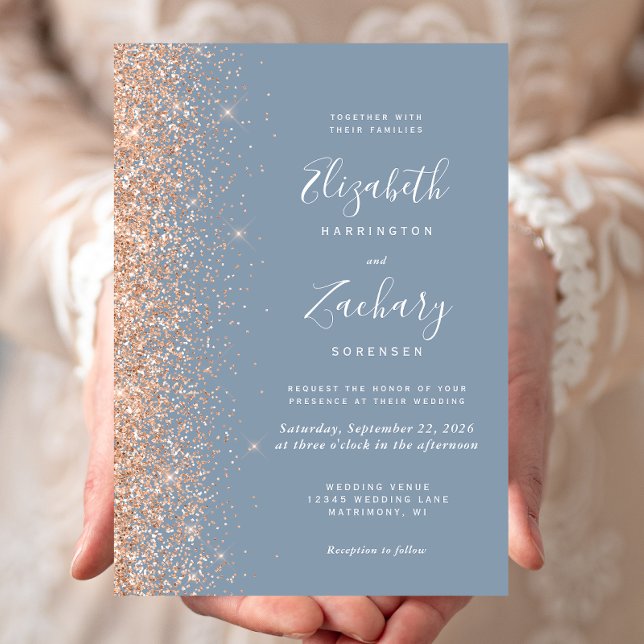 Modern Peach Glitter Kant Dammtor Blå Bröllop Inbjudningar (Skapare uppladdad)
