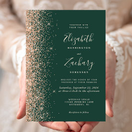 Modern Peach Glitter Kant Emerald Grönt Bröllop Inbjudningar