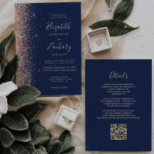 Modern Peach Glitter Navy Blue QR Code Bröllop