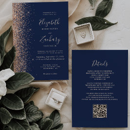 Modern Peach Glitter Navy Blue QR Code Bröllop Inbjudningar