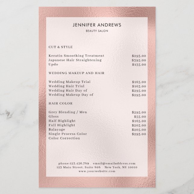 Modern Peach Glow Salon Prislista Flyer (Framsidan)