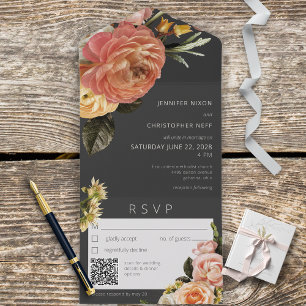 Modern Peach Mimosa Blommigt Black QR-kod