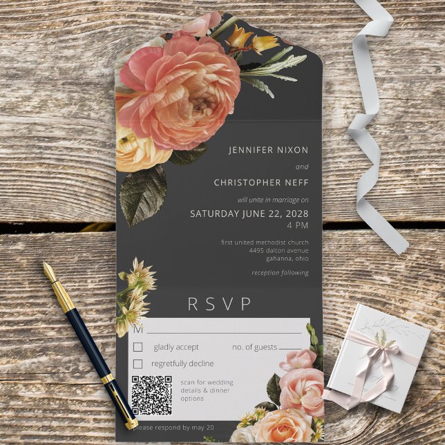 Modern Peach Mimosa Blommigt Black QR-kod (Skapare uppladdad)