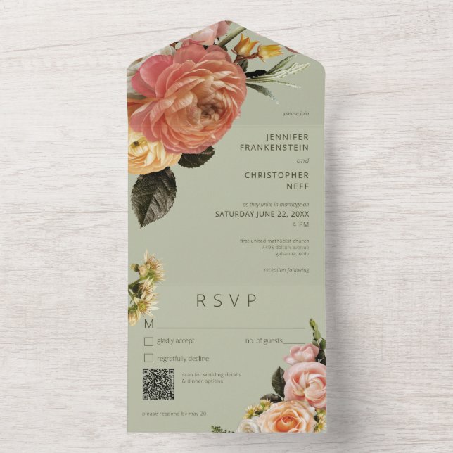 Modern Peach Mimosa Blommigt Grönt QR-kod (Inside)