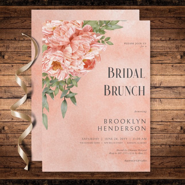Modern  Peach Peonies Blommigt Möhippa Brunch Inbjudningar (Modern Blush Peach Peonies Floral Bridal Brunch Invitation)