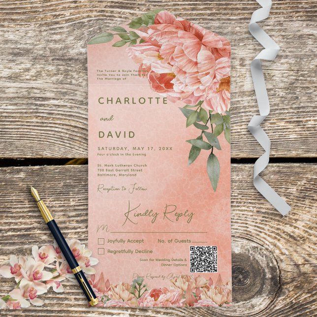 Modern  Peach Peonies Blommigt QR-kod (Skapare uppladdad)