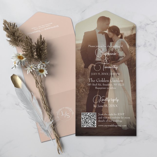 Modern Peach QR-kodfoto Bröllop (All-in-one wedding invitation with QR code to RSVP - Simplify and save time for you and your guests.)