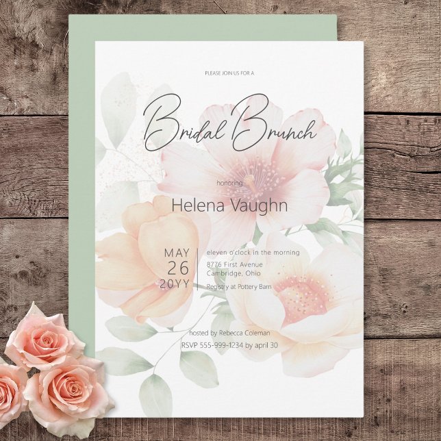 Modern Peach & Sage Grönt Flowers Möhippa Brunch Inbjudningar (Modern Peach & Sage Green Flowers Bridal Brunch Invitation)