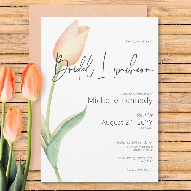 Modern Peach Tulip Solo Möhippa Luncheon Inbjudningar (Modern Peach Tulip Solo Bridal Luncheon Invitation)