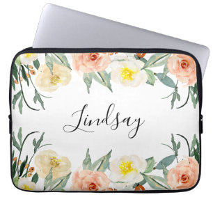 Modern Peach Watercolor Flowers Monogrammed Laptop Fodral