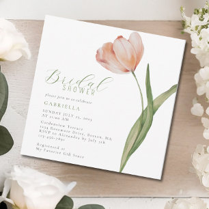 Modern Peach Watercolor Tulip Grönt Möhippa Inbjudningar