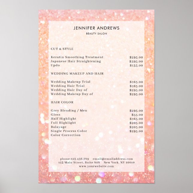 Modern Peaches Glitter Salon Prislista Poster (Framsidan)