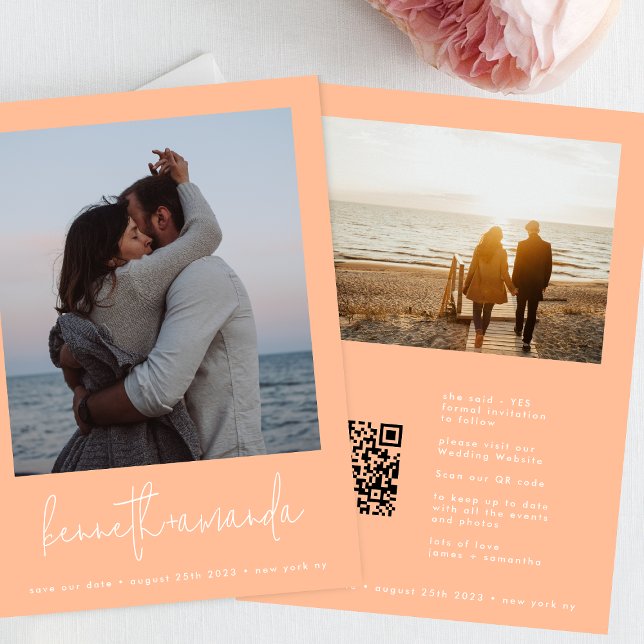 Modern Peachy Coral Photo Namn Qr Code Bröllop Spara Datumet (Skapare uppladdad)