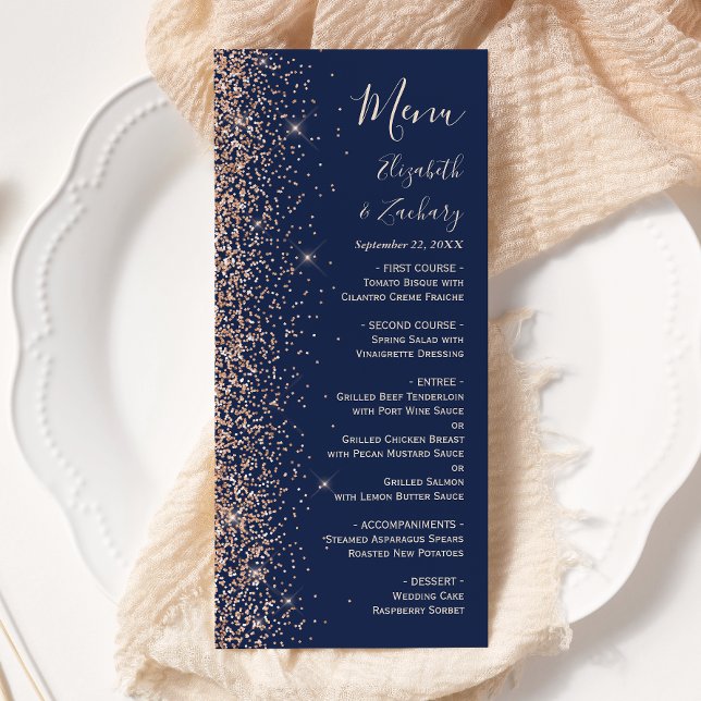 Modern Peachy Glitter Marinblå Bröllop Meny (Skapare uppladdad)