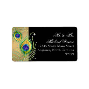 Modern Peacock Feathers Faux Jewel Rulla Swirl Adressetikett
