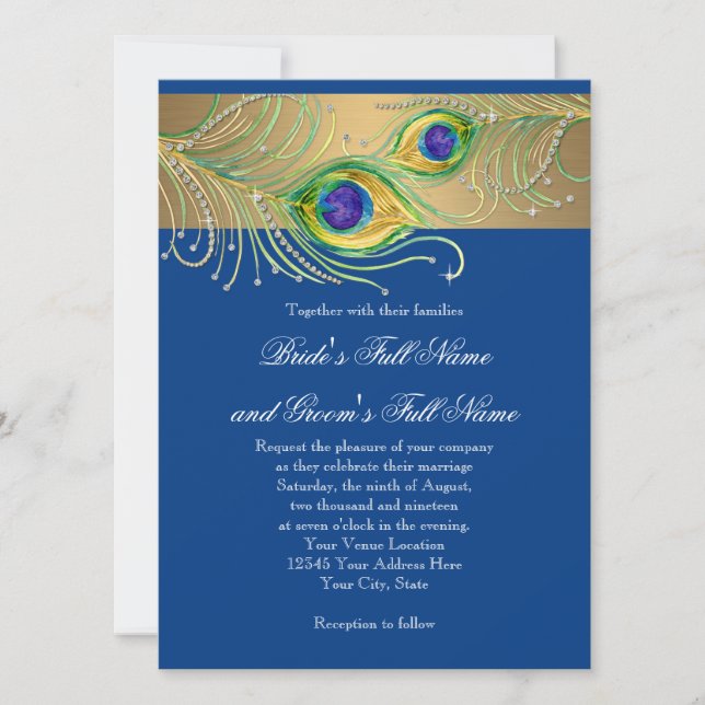 Modern Peacock Feathers Faux Jewel Rulla Swirl Inbjudningar (Framsida)