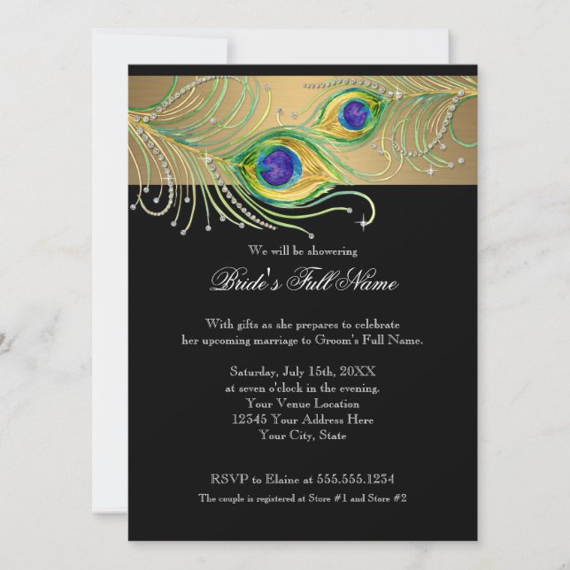 Modern Peacock Feathers Faux Jewel Rulla Swirl Inbjudningar (Framsida)