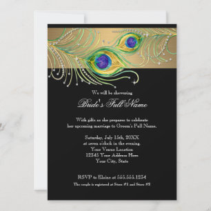 Modern Peacock Feathers Faux Jewel Rulla Swirl Inbjudningar
