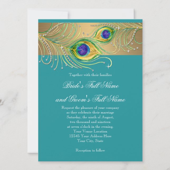 Modern Peacock Feathers Faux Jewel Rulla Swirl Inbjudningar (Framsida)
