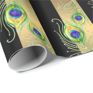 Modern Peacock Feathers Faux Jewel Stripe Hearts Presentpapper