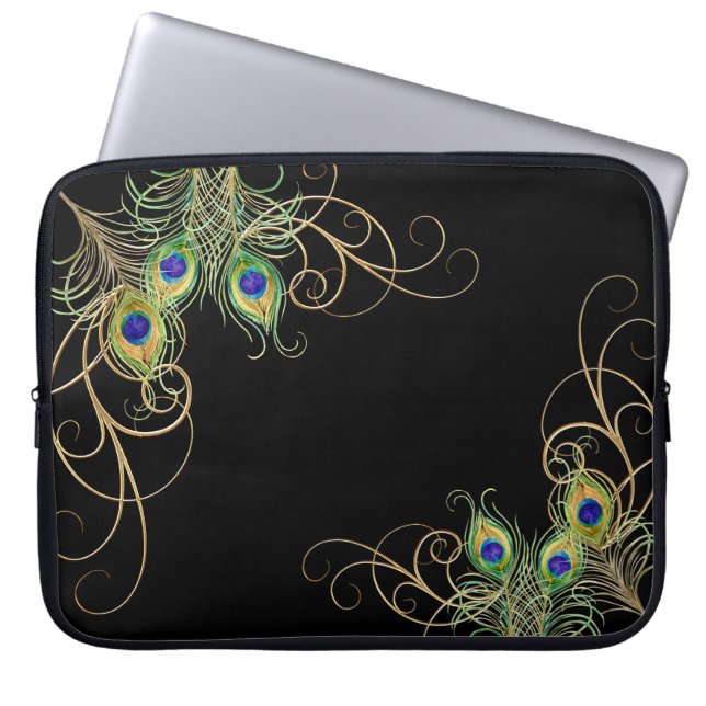Modern Peacock Feathers Guld Swirl Namn Laptop Fodral (Framsidan)