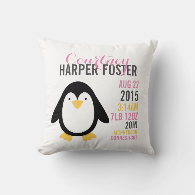 Modern Penguin Birth Announcement Nursery Pillow Kudde (Framsida)