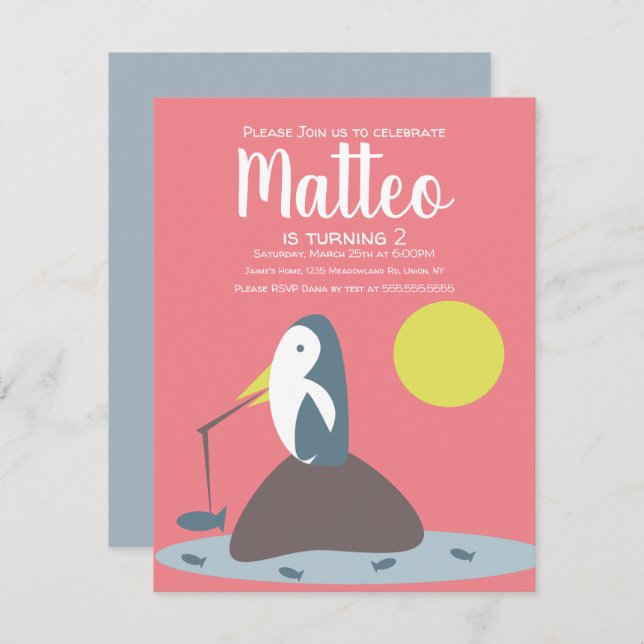 Modern Penguin Fishing Nautical Girls Birthday Inbjudningar (Fram/baksida)