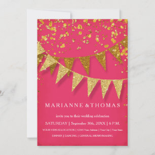 Modern Pennant Banner GoldGlitter Confetti Rosa Inbjudningar