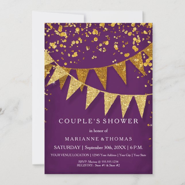 Modern Pennant Banner med glitter fallande konfett Inbjudningar (Framsida)