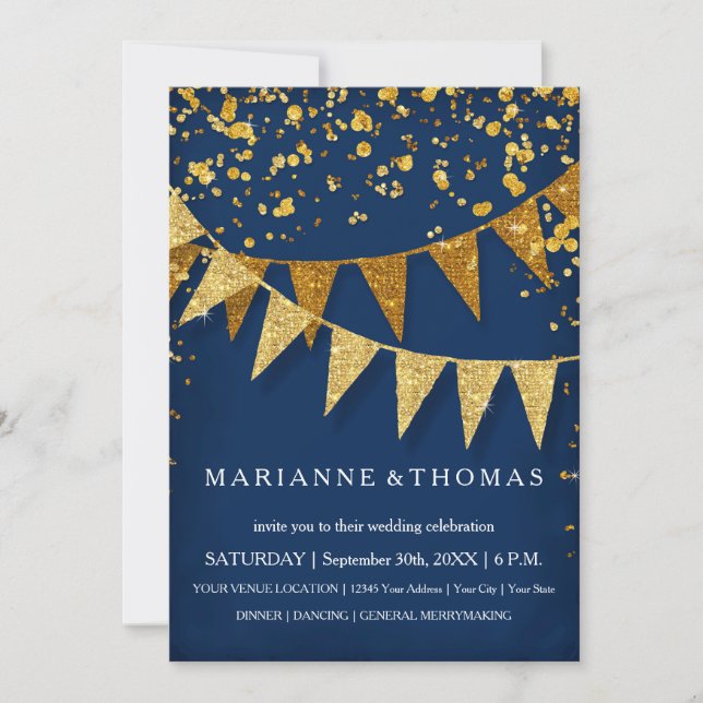 Modern Pennant Banner med glitter fallande konfett Inbjudningar (Framsida)