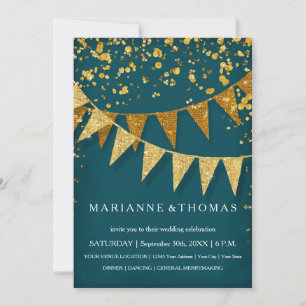 Modern Pennant Banner w Glitter Falling Confetti Inbjudningar