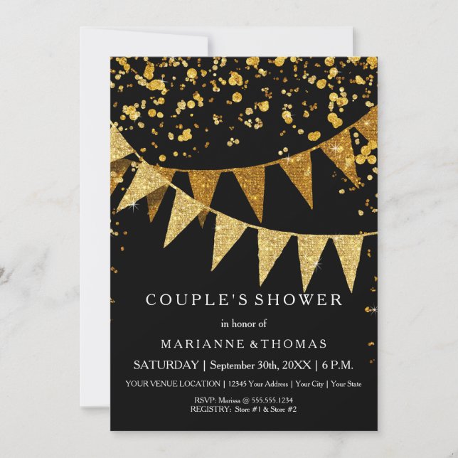 Modern Pennant Banner w Glitter Falling Confetti Inbjudningar (Framsida)