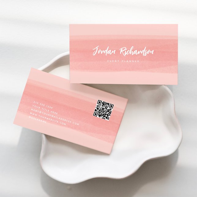 Modern penseldrag | Rosa Peach med QR-kod Visitkort (Skapare uppladdad)