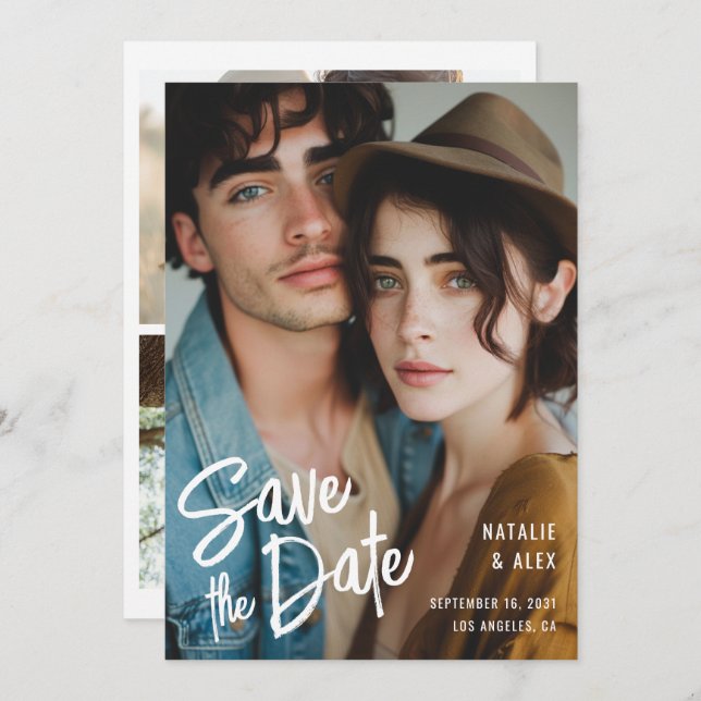 Modern penselskript 3 Photo Bröllop spara datum Inbjudningar (Fram/baksida)