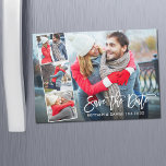Modern penselskript 4 Photo Magnetic Save Date<br><div class="desc">Modern penselskript Spara datum Förlovning par 4-fotomagnetkort - vitt skript</div>