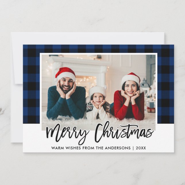 Modern penselskript - blå papp - fotopul julkort (Framsida)