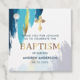 Modern penselskript Guld & Blue Tack Baptism Gåvor Etiketter