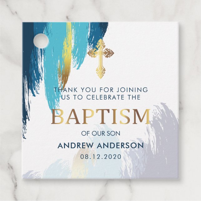 Modern penselskript Guld & Blue Tack Baptism Gåvor Etiketter (Framsida)