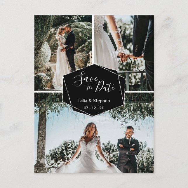 Modern penselskript, par 3 foto-Spara vårt datum Meddelande Vykort (Framsida)