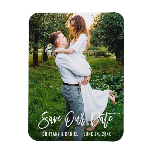 Modern penselskript, par foto-Spara vårt datum Magnet (Vertikal)