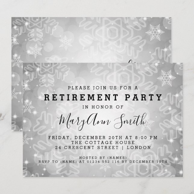 Modern Pension Party Silver Winter Bokeh Ljus Inbjudningar (Fram/baksida)