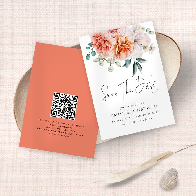 Modern Peonies Coral Peach QR Code Bröllop Spara Datumet (Front and back view)
