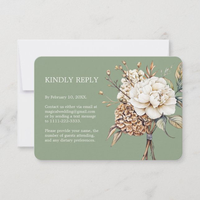 Modern Peony & Hydrangea Oliv grönt Bröllop OSA Kort (Framsida)