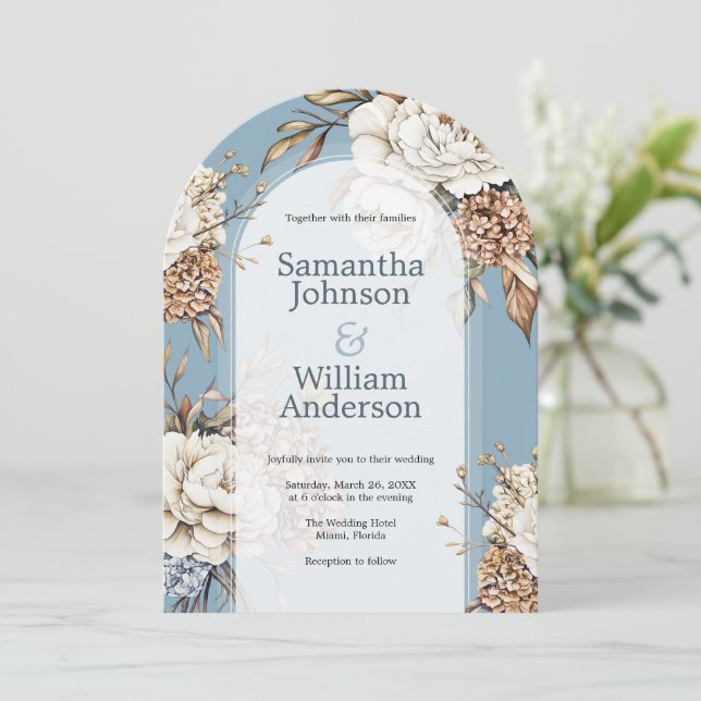 Modern Peony & Hydrangea Powder Blue Bröllop Inbjudningar (Stående Fram)